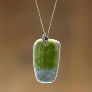 Recycled Wine Bottle Glass Necklace Light Blue Green with Sterling Silver Leaf